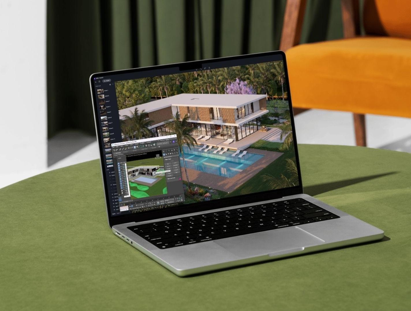 3D digital twin of a villa project rendered on a laptop