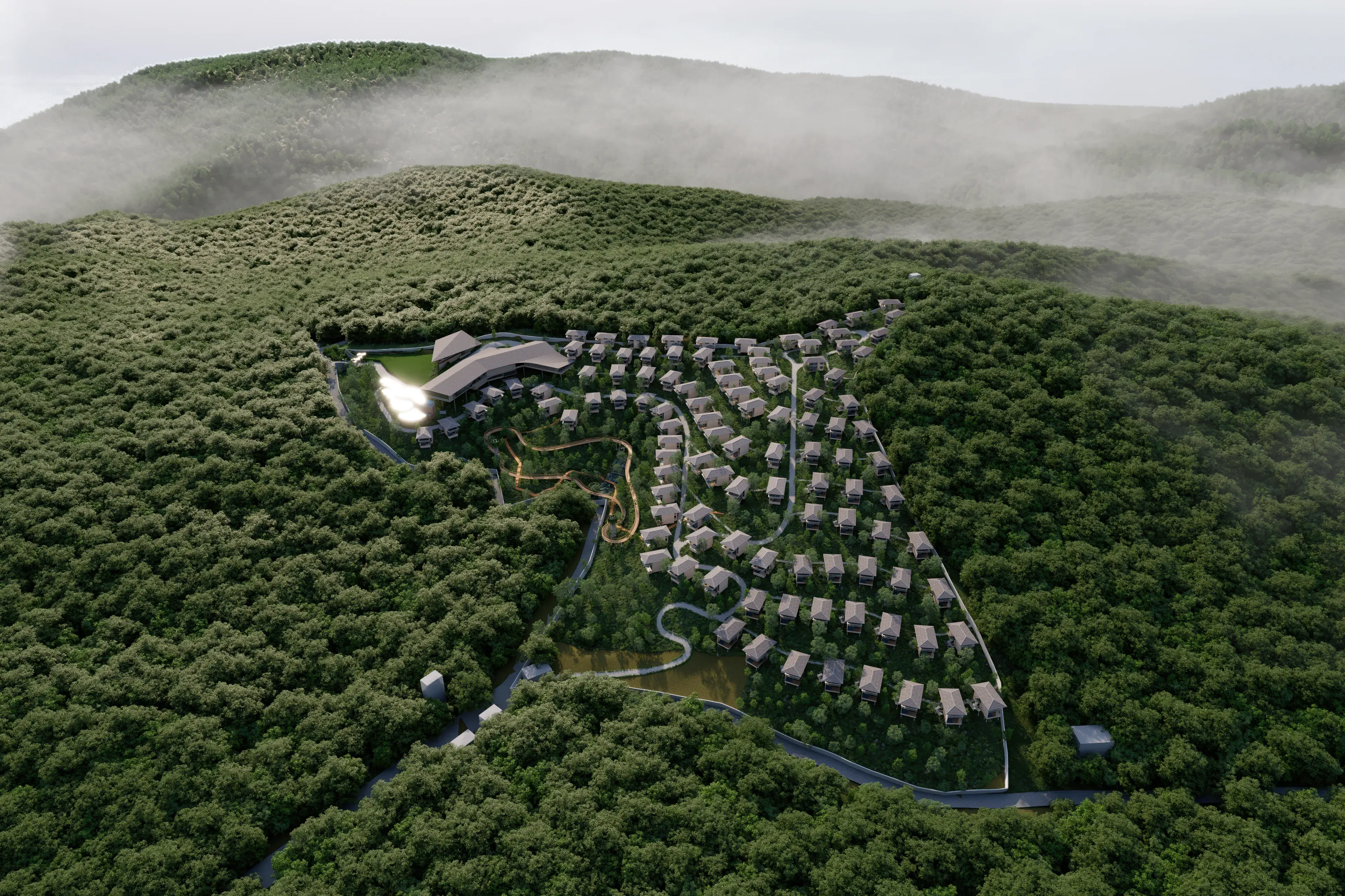 Aerial architectural render of Jewel of Coorg, with villas, winding paths and water features set among forested hills
