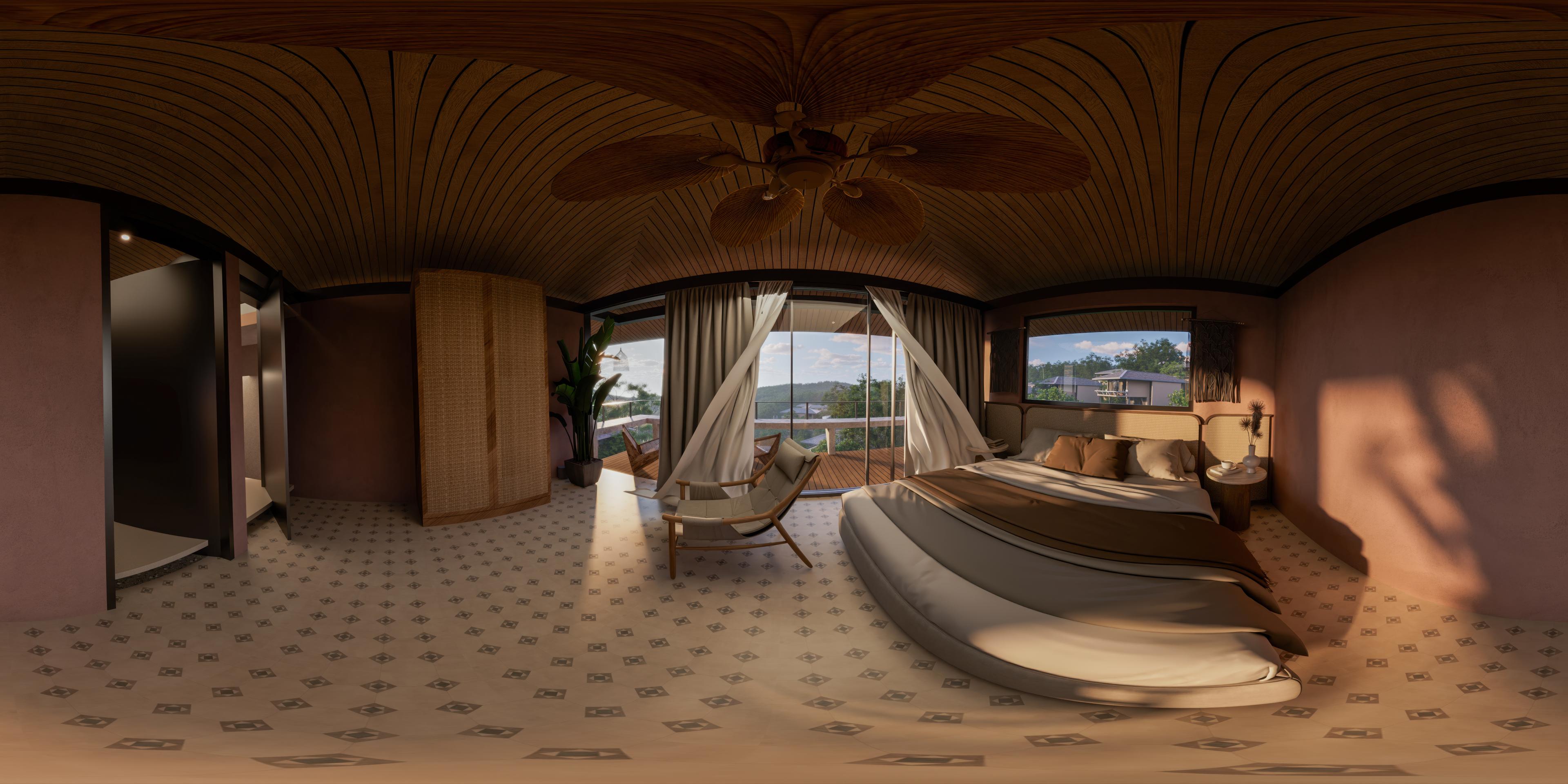 Bedroom interior with wood finishes, a furnished bed, and balcony views