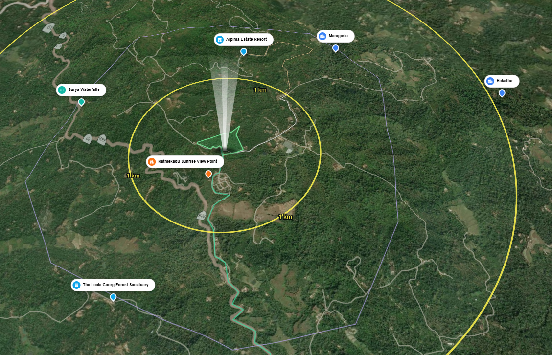Satellite project map showing the project boundary, nearby landmarks, roads, and distance rings